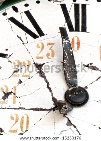 old and damaged retro clock with roman numeral