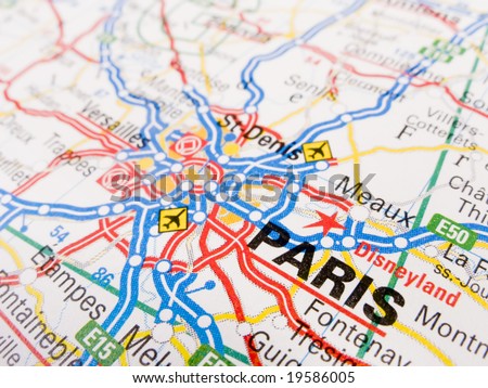 Close up of a road map of Paris