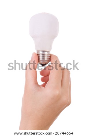 Hand holding an incandescent light bulb isolated on white