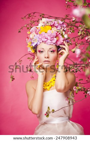 Fresh skin Girl with Spring Flowers on her head