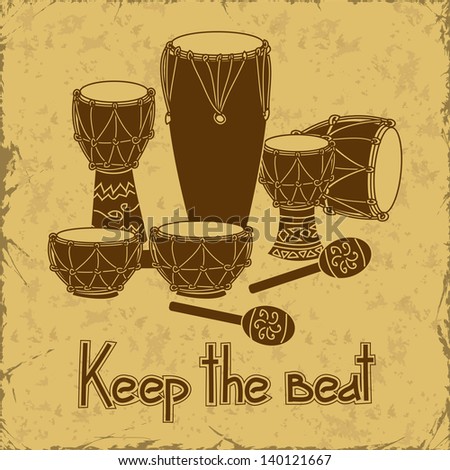 Illustration of African percussion drum set on a retro background Illustration of African percussion drum set on a retro background