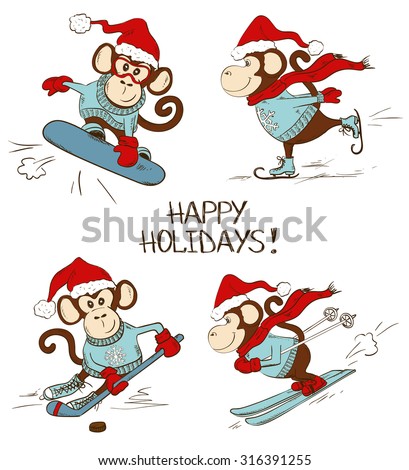 Set of isolated funny cartoon monkey icons doing winter sports. Skating, skiing, snowboarding and hockey.