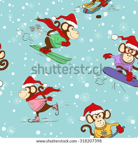 Seamless pattern of funny cartoon monkey doing winter sports. Skating, skiing, snowboarding and hockey.
