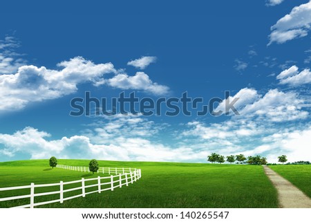 Field of grass with white fence, road and blue sky