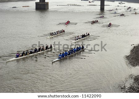 Rowers in eight-oar rowing boats on River Thames in London, England – “The Head of the River Race”