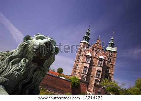 Lion and Royal Rosenborg Castle in Copenhagen, Denmark – Danish Crown Jewels are kept here. The castle was originally built as a country summerhouse – Year 1606.