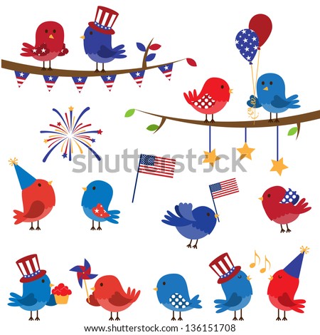 Cute Vector Set Of Patriotic Or Fourth Of July Themed Birds And Branches