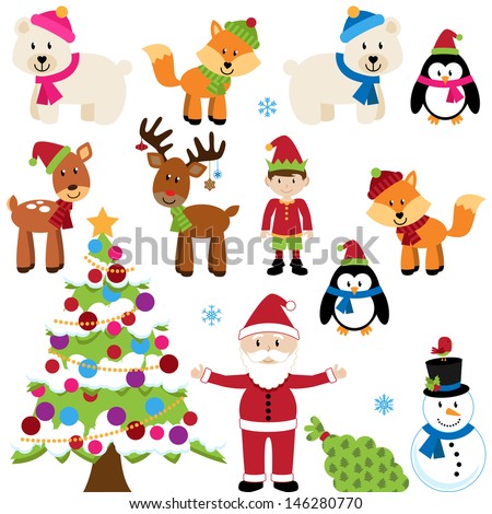 Vector Christmas Woodland and Forest Animals with Santa Claus and a Tree Vector Christmas Woodland and Forest Animals with Santa Claus and a Tree