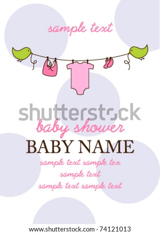 Baby Shower Invitation Template with Flying Birds Holding a Clothesline, and a Polka Dot Background