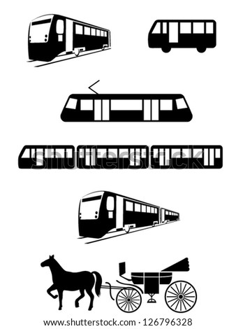 Vector public transport vehicles: tram, bus, train, carriage or coach