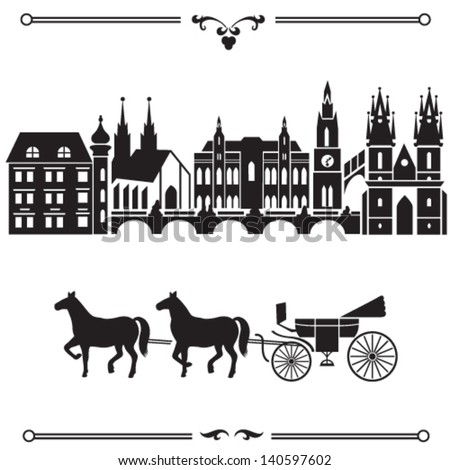 Prague Illustration With City Landscape Silhouette And Carriage With Horses. Historical Part Of The European Capital Is Influenced By The Austrian And German Gothic Architecture.