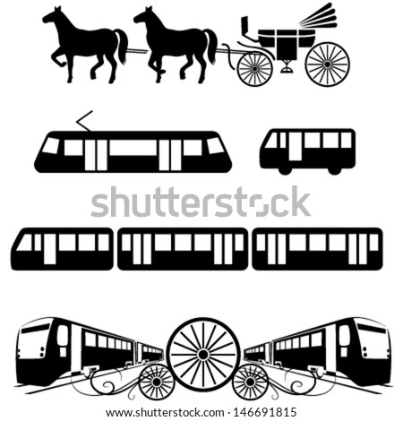 Vehicle icons: public transportation as tram, bus, train, metro, carriage or coach. May be used as emblem, icon and sign.
