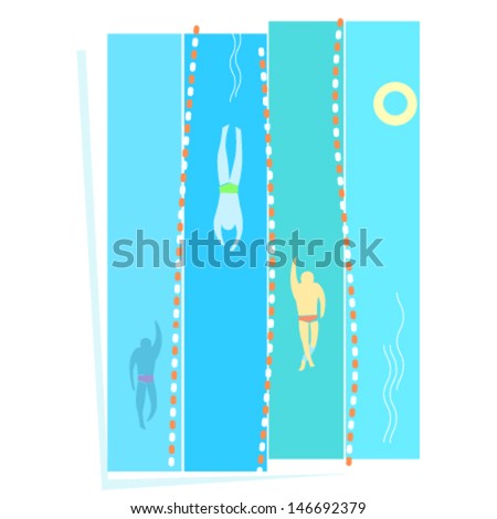 Swimming pool with several swimmers and life buoy in the water. Vector illustration about sport and recreation, healthy life style, fitness, energy, summer activities.