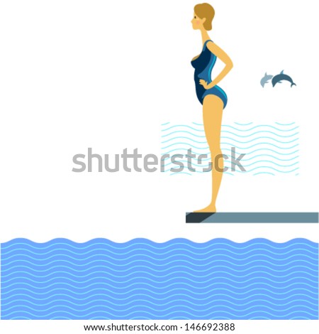 Woman in swimsuit will jump and swim in blue water in swimming pool. Vector illustration about healthy life style, sport, fitness, recreation, female, summer activities, vacation, holiday at sea