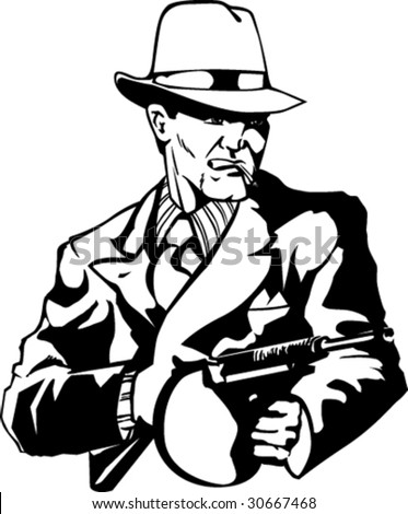 stock vector Stylized illustration of mobster with tommy gun