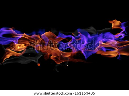 Blue and red fire isolated on black background