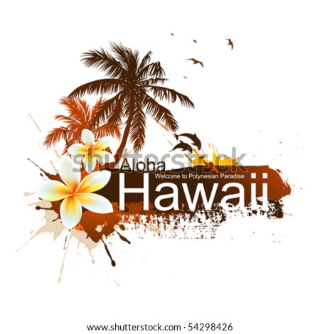 Good Logo Design on Tropical Background  Aloha Hawaii  Vector Palms  Dolphins  Plumeria