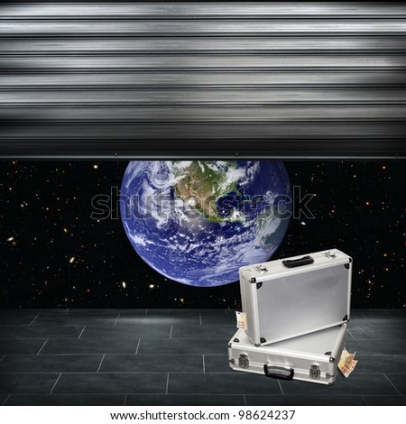 Overlooking the planet earth from space and a suitcase with money. Elements of this image furnished by NASA