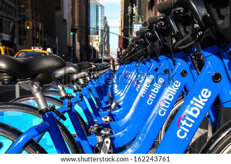 NEW YORK-NOVEMBER 6: New blue Citi Bikes lined up near Madison Square Garden at 8th Avenue in Manhattan on November 6, 2013. The Bike-Share program begins on Memorial Day.