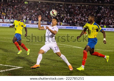 HARTFORD - OCTOBER 10: Action on US Men`s International Friendly match between US Men`s National Team vs Ecuador, final score 1 - 1, on October 10, 2014, in Rentschler Field stadium, Hartford, USA.