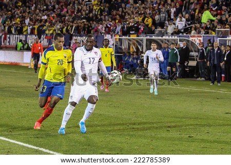 HARTFORD - OCTOBER 10: Action on US Men`s International Friendly match between US Men`s National Team vs Ecuador, final score 1 - 1, on October 10, 2014, in Rentschler Field stadium, Hartford, USA.