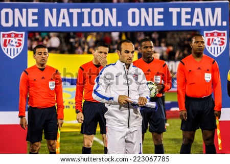 HARTFORD - OCTOBER 10: Landon Donovan with referee on stadium before soccer match between US Men`s National Team vs Ecuador, on October 10, 2014, in Rentschler Field stadium, Hartford, USA.