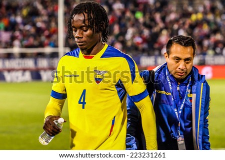 HARTFORD - OCTOBER 10: Ecuadorian player #4 on US Men`s International Friendly match between US Men`s National Team vs Ecuador, on October 10, 2014, in Rentschler Field stadium, Hartford, USA.