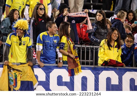HARTFORD - OCTOBER 10: Ecuadorian fans on US Men`s International Friendly match between US Men`s National Team vs Ecuador, on October 10, 2014, in Rentschler Field stadium, Hartford, USA.