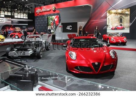 NEW YORK - APRIL 1: Alfa Romeo exhibit  at the 2015 New York International Auto Show during Press day,  public show is running from April 3-12, 2015 in New York, NY.