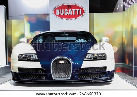 NEW YORK - APRIL 1: Bugatti exhibit at the 2015 New York International Auto Show during Press day,  public show is running from April 3-12, 2015 in New York, NY.