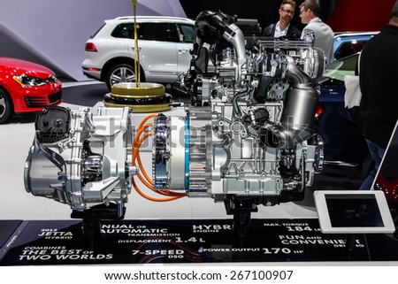 NEW YORK - APRIL 1: Volkswagen exhibit before Volkswagen engine at the 2015 New York International Auto Show during Press day,  public show is running from April 3-12, 2015 in New York, NY.