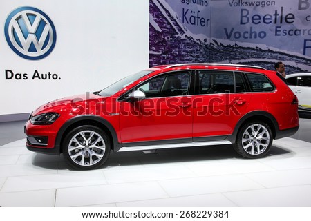 NEW YORK - APRIL 1: Volkswagen exhibit Volkswagen Golf Sport wagen alltrack at the 2015 New York International Auto Show during Press day, public show is running from April 3-12, 2015 in New York, NY.