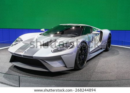 NEW YORK - APRIL 1: Ford exhibit Ford GT at the 2015 New York International Auto Show during Press day,  public show is running from April 3-12, 2015 in New York, NY.