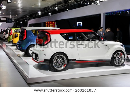 NEW YORK - APRIL 1: KIA exhibit at the 2015 New York International Auto Show during Press day,  public show is running from April 3-12, 2015 in New York, NY.