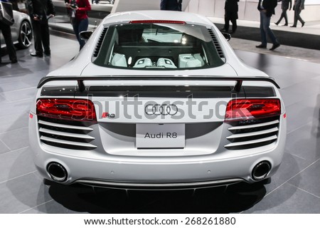 NEW YORK - APRIL 1: Audi exhibit Audi R8 at the 2015 New York International Auto Show during Press day,  public show is running from April 3-12, 2015 in New York, NY.
