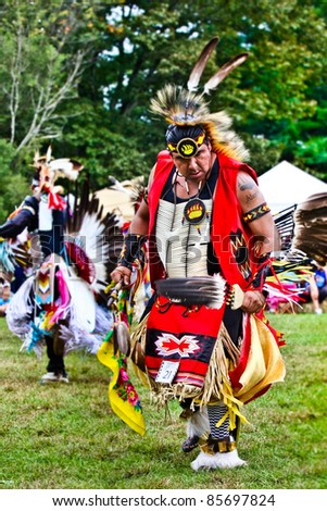 YORKTOWN HEIGHTS, NY - SEPTEMBER 25: Unidentified Native American Indian man dances at the FDR  Pow Wow on September 25, 2011 in Yorktown Heights, NY