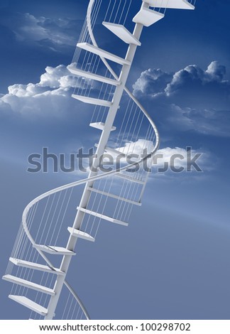 Spiral staircase reaching upwards towards the clouds as achievement