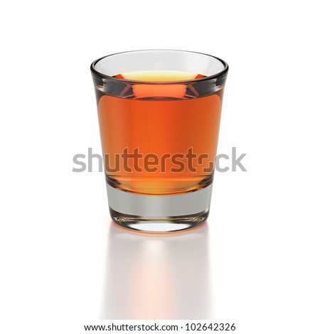 Small shot glass with whiskey colored drink on white background