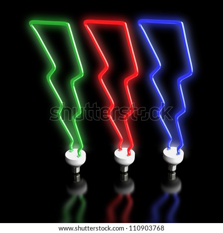 Fluorescent red, blue and green lightning flashes as neon bulbs on black background