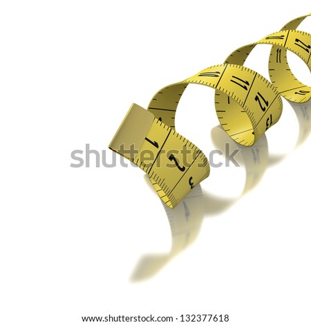 Yellow tape measure in inches and centimeters on white background with reflection