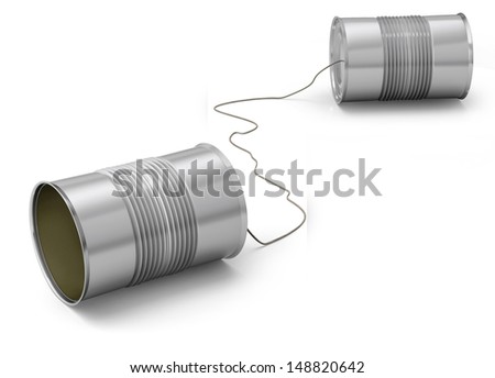 Tin cans on white background with string as game for kids to communicate