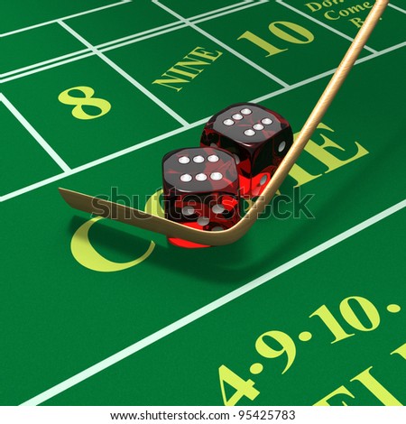 Craps dice roll called any craps, hi-lo, boxcars, midnight with stickman\'s mop or whip on green felt table