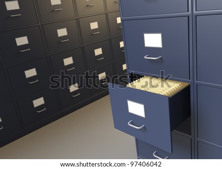 File cabinet room with an open drawer full of files xx