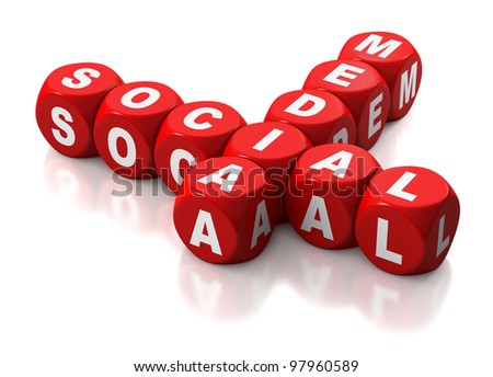 Social media as text on red dice or blocks on white background