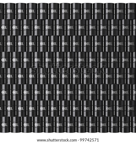 Wall of black oil barrels as monolithic structure from the front