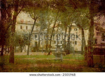 Artistic work of my own in retro style - Postcard from Italy. Urban park. - Tuscany.