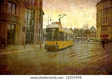 Artistic work of my own in retro style - Postcard from the former GDR. - Tram - Berlin, Germany.