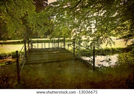Artistic work of my own in retro style - Postcard from Denmark. - Old footbridge in park.