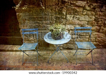 Artistic work of my own in retro style - Postcard from Italy. - Alley with table for two, Spello, Umbria, Italy