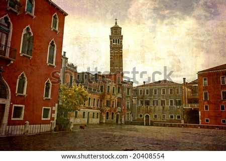 Artistic work of my own in retro style - Postcard from Italy. - Nice square after rain - Venice.